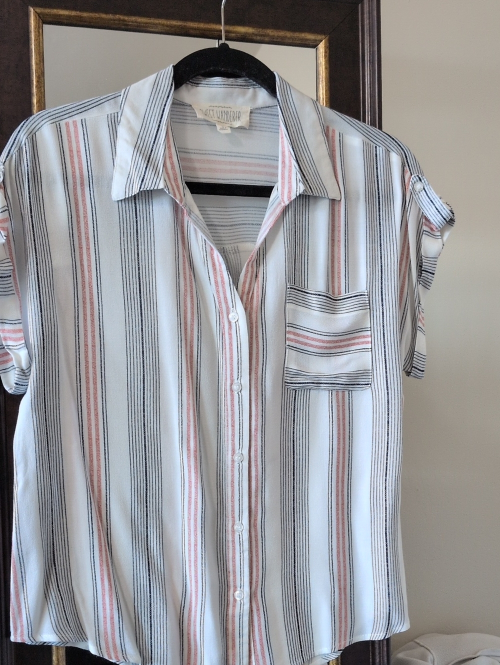 Sweet Wanderer White Button-Up Shirt with Black & Pink Stripes